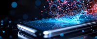 Modern smartphone with glowing blue and pink particles emerging from screen creating magical light effect against dark background with bokeh elements.