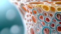 Microscopic view of cellular structure with orange and turquoise colors showing tubular formations and bubble-like patterns in scientific research visualization.