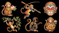 Monkey character collection with decorative Asian-inspired designs, isolated on transparent background. Ready for t-shirt designs, clipart, stickers, sublimation, and print-on-demand products.