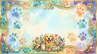 Colorful frame with golden ornamental border featuring playful paw prints in rainbow hues surrounding a group of cheerful dogs and cats with flowers, perfect for pet-related designs, greeting cards, and animal-themed projects.