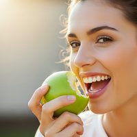 Young Caucasian woman with radiant smile biting fresh green apple in golden sunlight. Healthy lifestyle, nutrition and wellness concept for diet campaigns.