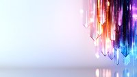 Glowing crystal shards falling through light beams against white background, creating magical atmosphere with vibrant orange, purple and blue colors.