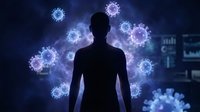 Human silhouette surrounded by glowing coronavirus particles in dark blue medical background representing pandemic health crisis and viral infection spread.