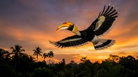 Majestic hornbill bird soaring with outstretched wings against vibrant sunset sky over tropical rainforest canopy with palm trees silhouettes.