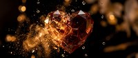 Exploding glass heart with golden sparks and particles on dark background symbolizing broken love, heartbreak, emotional pain and shattered relationships.