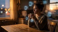 Young professional woman drinking coffee while digital icons float around her representing modern technology and connectivity in warm cozy cafe setting.