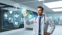 Male doctor in white coat interacting with futuristic digital healthcare interface displaying medical icons in modern hospital setting.