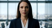 Professional woman with long dark hair and olive complexion wearing navy blazer and white shirt in modern office with city skyline view. Corporate portrait.