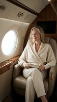 Elegant blonde businesswoman in white robe relaxing in luxury private jet cabin during flight for business travel and corporate lifestyle.
