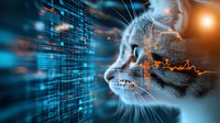 Cat profile against digital matrix background with glowing orange and blue technology elements, binary code and financial charts creating futuristic atmosphere.