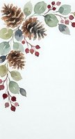 Watercolor autumn botanical border with pine cones, leaves and red berries on white background for seasonal greeting cards and holiday decorations.
