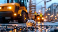 Crystal ball reflecting urban construction site with yellow machinery and bokeh lights at dusk, creative photography with shallow depth of field.