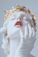 Ethereal white sculpture of feminine face with golden laurel crown, eyes closed in serene expression, wearing white gloves touching face against light background.