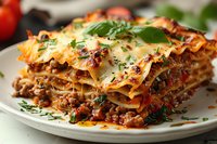 Homemade layered lasagna with ground meat, tomato sauce, melted cheese and fresh herbs on white plate. Close up view of traditional Italian cuisine.