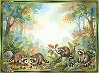 Raccoons exploring lush forest floor surrounded by ferns, foliage and golden sunlight filtering through canopy trees in woodland scene.