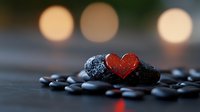 Red heart symbol on dark stones with warm bokeh lights creating romantic spa atmosphere for wellness and love concepts.