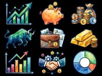 Watercolor finance clipart set with growth chart, piggy bank, coins, bull, briefcase, gold bars, handshake, and pie chart, isolated on transparent background for stickers, t-shirts, print on demand.