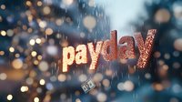 Glowing "payday" text with dollar bill in rain against bokeh lights background. Financial concept for salary day or loan services.