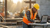 Construction worker in safety vest and hard hat using laptop computer at building site during golden hour sunset for project management and planning.