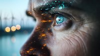 Close up of blue eye with glowing orange and turquoise sparkles overlay effect, artistic portrait showing emotional depth and mystery against blurred city lights background.