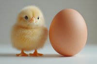 Adorable yellow baby chick standing next to brown chicken egg on white surface, showing size comparison. Fluffy newborn poultry farm animal with bright plumage.