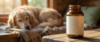 Golden retriever dog resting beside amber medicine bottle on wooden surface in warm sunlit room for pet health and veterinary care concepts.