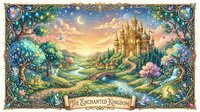 Fantasy castle landscape with ornate border featuring golden palace, winding river, blooming trees and starry twilight sky for fairy tale storytelling designs.