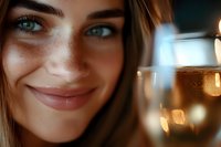 Young woman with bright blue eyes and warm smile holding wine glass in evening light, soft bokeh background creates romantic atmosphere for lifestyle content.