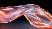 Flowing abstract waves in orange, pink and blue colors create dynamic motion effect against dark background. Smooth glossy curves with metallic sheen suggest energy movement.