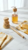 Eco-friendly kitchen cleaning supplies with bamboo brush, glass soap dispenser and beeswax wraps on marble counter for sustainable home care.