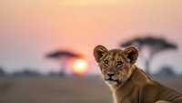 Young lion cub portrait at golden hour sunset with acacia tree silhouette in African savanna landscape for wildlife photography and nature content.
