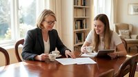 Professional blonde businesswoman mentor coaching young brunette female student at wooden table in bright home office with books and documents.