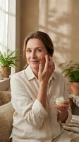 Mature Caucasian woman applying face cream in bright living room with plants, skincare routine, anti-aging beauty treatment for healthy glowing skin.