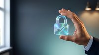 Businessman hand holding glowing digital padlock with checkmark symbol representing cybersecurity protection and data safety in modern office environment.