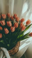Fresh coral tulips arranged in wicker basket against white curtain background with soft natural lighting and shadows creating romantic spring atmosphere.