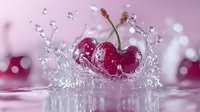 Fresh red cherry splashing into clear water creating dynamic crown splash effect against pink background, macro photography with water drops and bokeh.