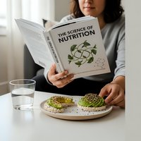 Woman reading nutrition science book while eating healthy avocado toast breakfast at home table with glass of water for wellness education lifestyle.