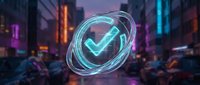 Futuristic holographic checkmark symbol glowing in neon blue light against blurred cyberpunk city street background with colorful urban nightlife atmosphere.