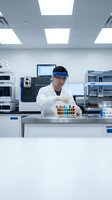 Asian male scientist in white lab coat and protective face shield examining colorful test samples in modern laboratory with advanced equipment and computers.