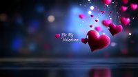 Pink heart shapes floating with sparkles and bokeh effects on dark blue background with Be My Valentine text, romantic holiday atmosphere with reflection.