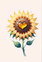 Whimsical sunflower illustration with heart-shaped center detail perfect for greeting cards, wedding stationery, and romantic summer designs. Soft pastel background enhances gentle artistic style.
