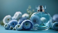Elegant glass perfume bottle with blue ranunculus flowers on turquoise background. Luxury fragrance and fresh spring blooms create romantic feminine composition.