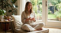 Young woman meditating in cozy bedroom with plants by window. Peaceful morning wellness routine in natural light home interior for mindfulness and relaxation.