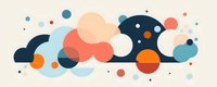 Abstract geometric composition with overlapping circles and organic shapes in coral, navy, teal and cream colors on beige background.