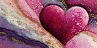 Abstract heart shape with water droplets on colorful marble texture background in pink purple gold tones for romantic Valentine design projects.