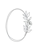 Elegant oval frame with delicate botanical branch featuring leaves and flower, minimalist line art design for wedding invitations and decorative projects.