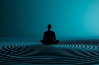 Silhouette of person meditating in lotus position surrounded by concentric circles on turquoise background, representing mindfulness and spiritual awakening.