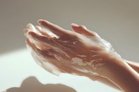 Female hands covered in transparent gel or liquid soap against soft light background, creating artistic effect with reflections and shadows.