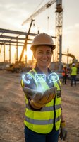 Female construction worker wearing hard hat and high-visibility vest holding glowing digital communication icons on construction site at sunset with cranes and steel framework in background.