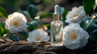 Glass dropper bottle with natural cosmetic serum surrounded by white camellia flowers in garden setting. Organic skincare and beauty product photography.